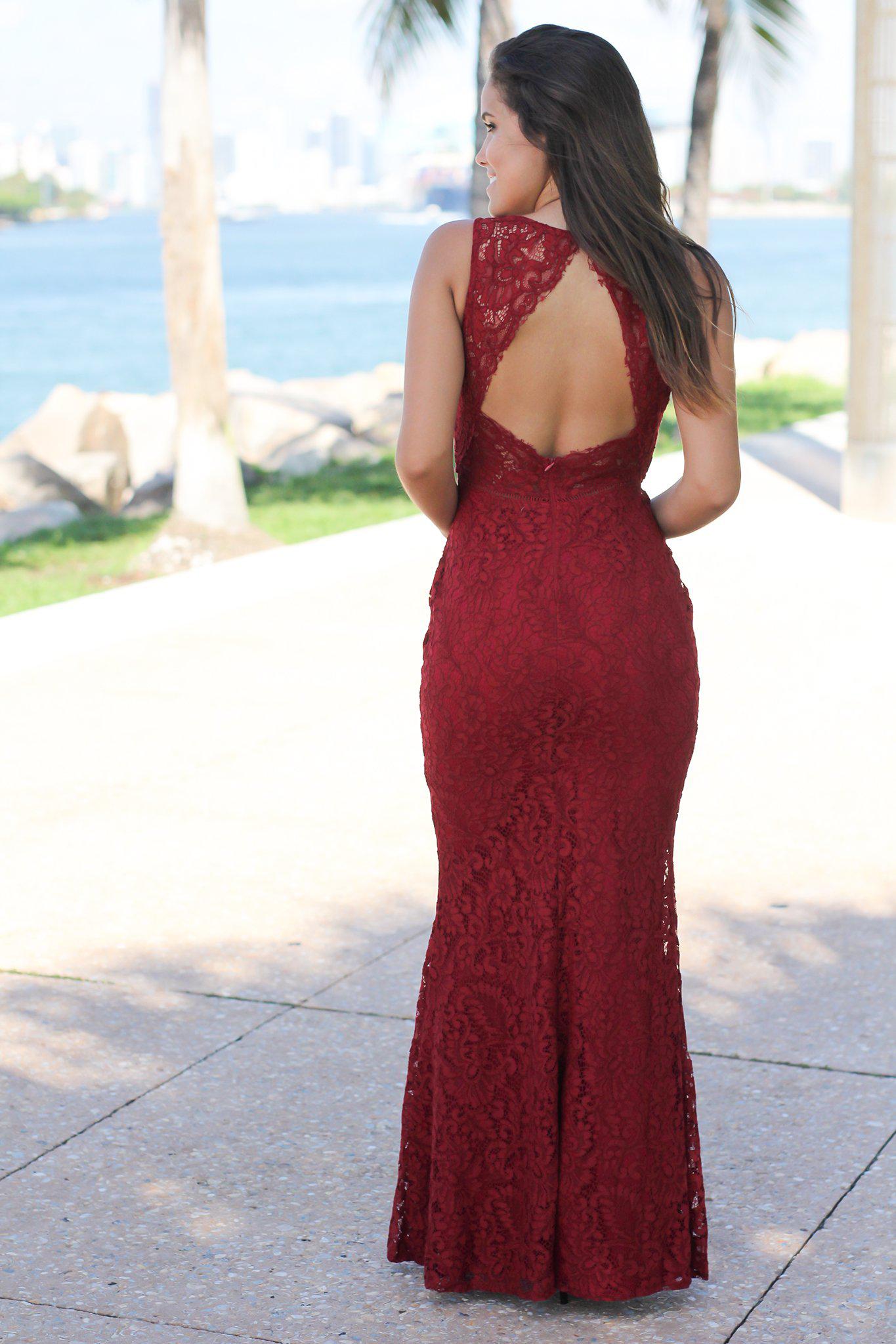 Burgundy Lace Maxi Dress with Mesh V-Neck | Formal Dresses – Saved by ...