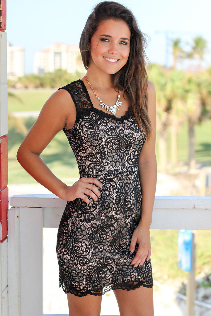 Black and Nude Sleeveless Lace Short Dress| Short Dresses – Saved by the  Dress
