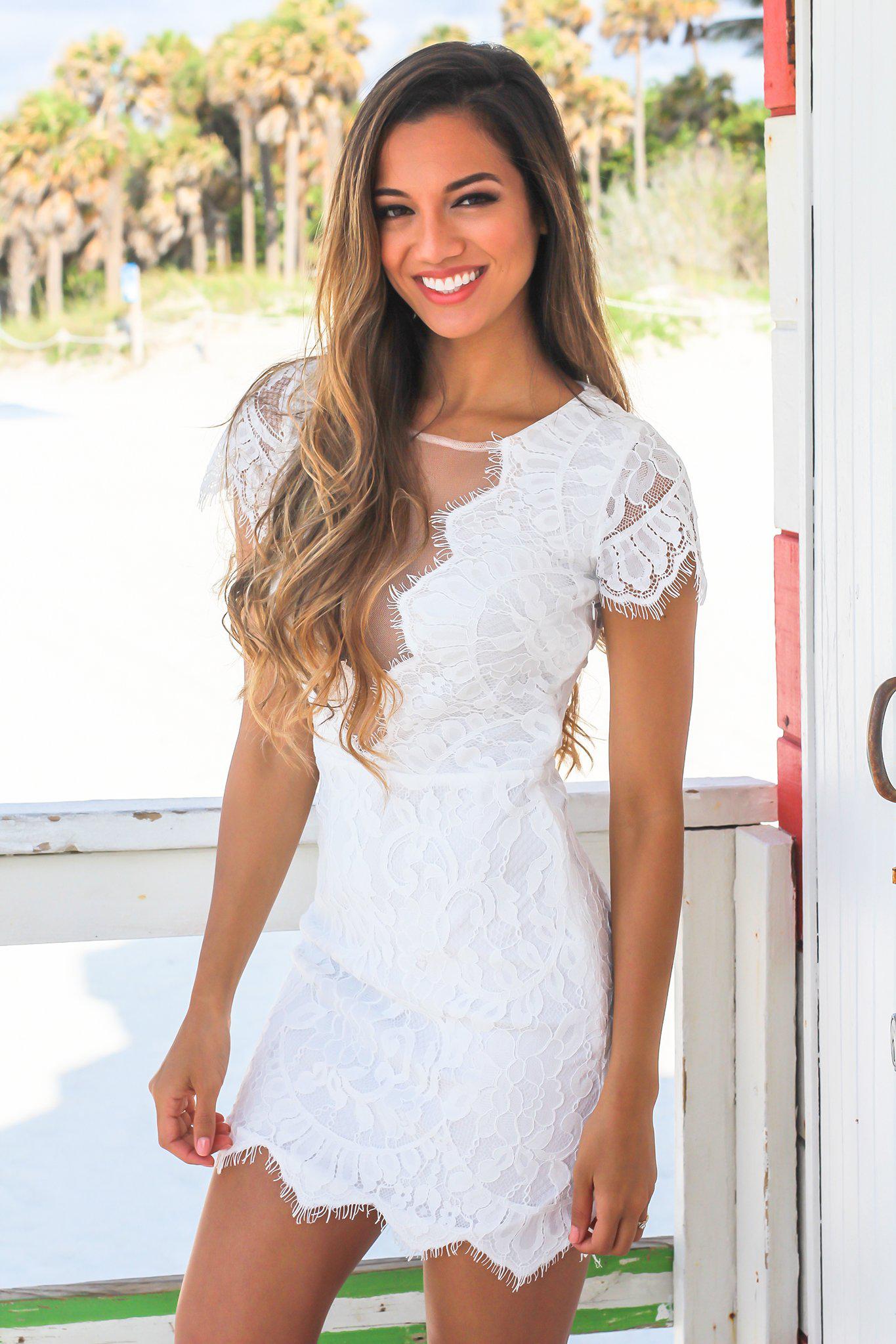 White Lace Short Dress with Mesh Detail | Cute Dresses Saved by the Dress White Lace Short Dress with Mesh Detail | Cute Dresses Saved by the Dress