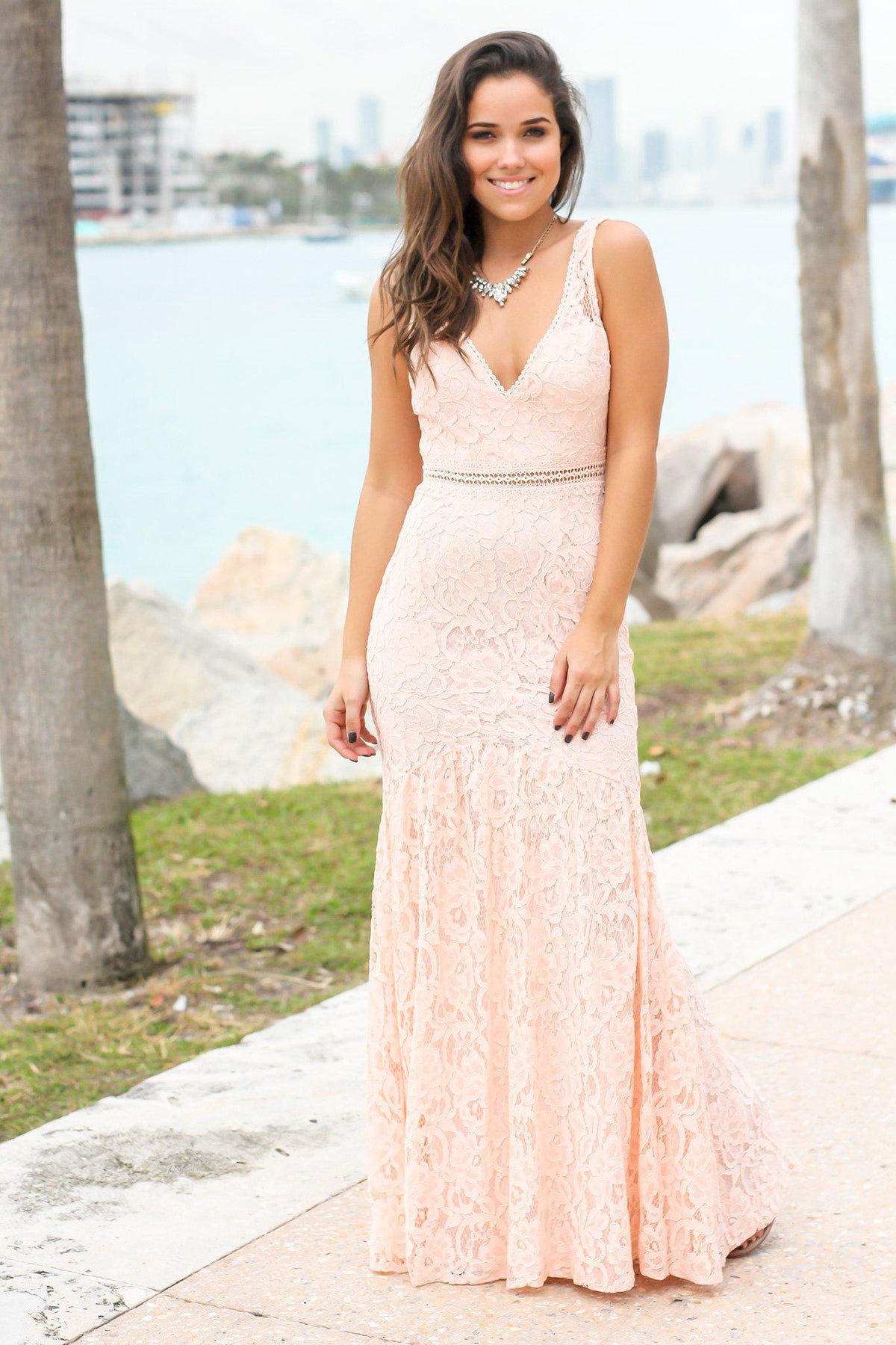 Pink V-Neck Lace Maxi Dress | Maxi Dresses – Saved by the Dress