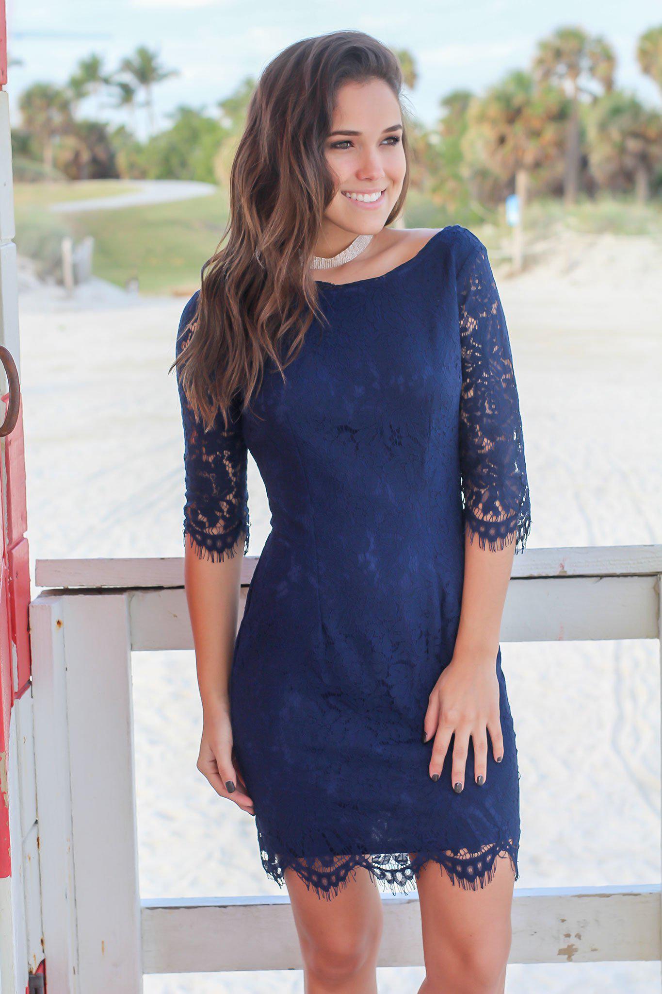 Navy Lace Dress with 3/4 Sleeves | Short Dresses Saved by the Dress Navy Lace Dress with 3/4 Sleeves | Short Dresses Saved by the Dress