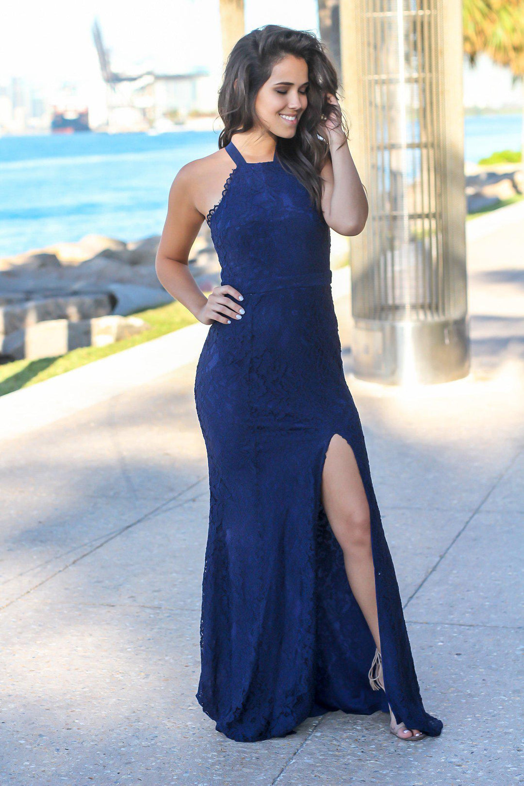 Navy Lace Maxi Dress with Criss Cross Tie Back | Maxi Dresses