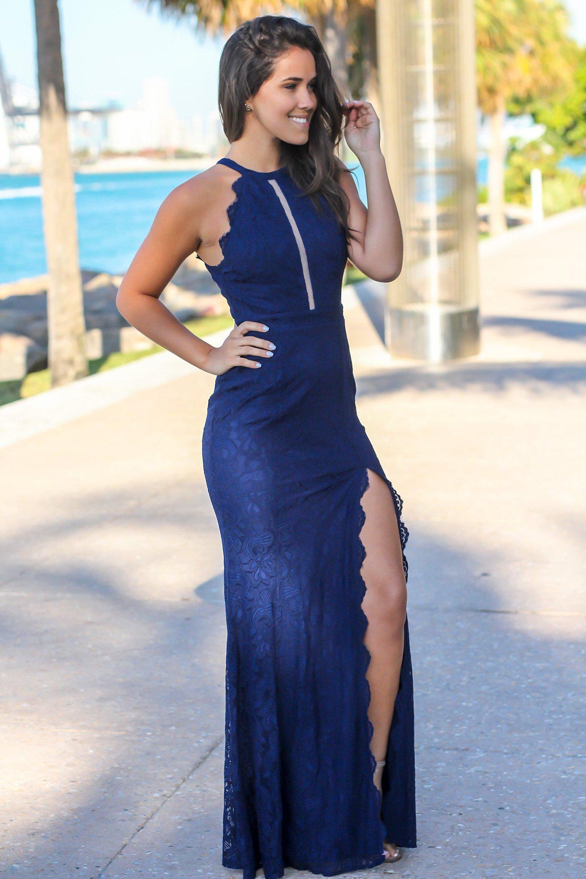 Navy High Neck Lace Maxi Dress with Side Slit | Maxi Dresses – Saved by ...