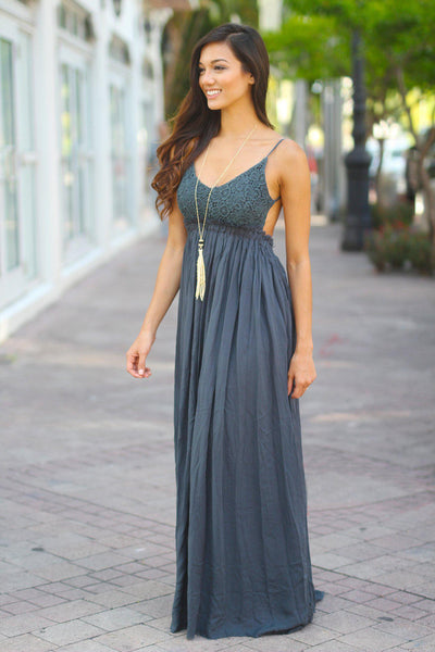 Midnight Navy Lace Maxi Dress With Open Back and Frayed Hem| Beautiful ...