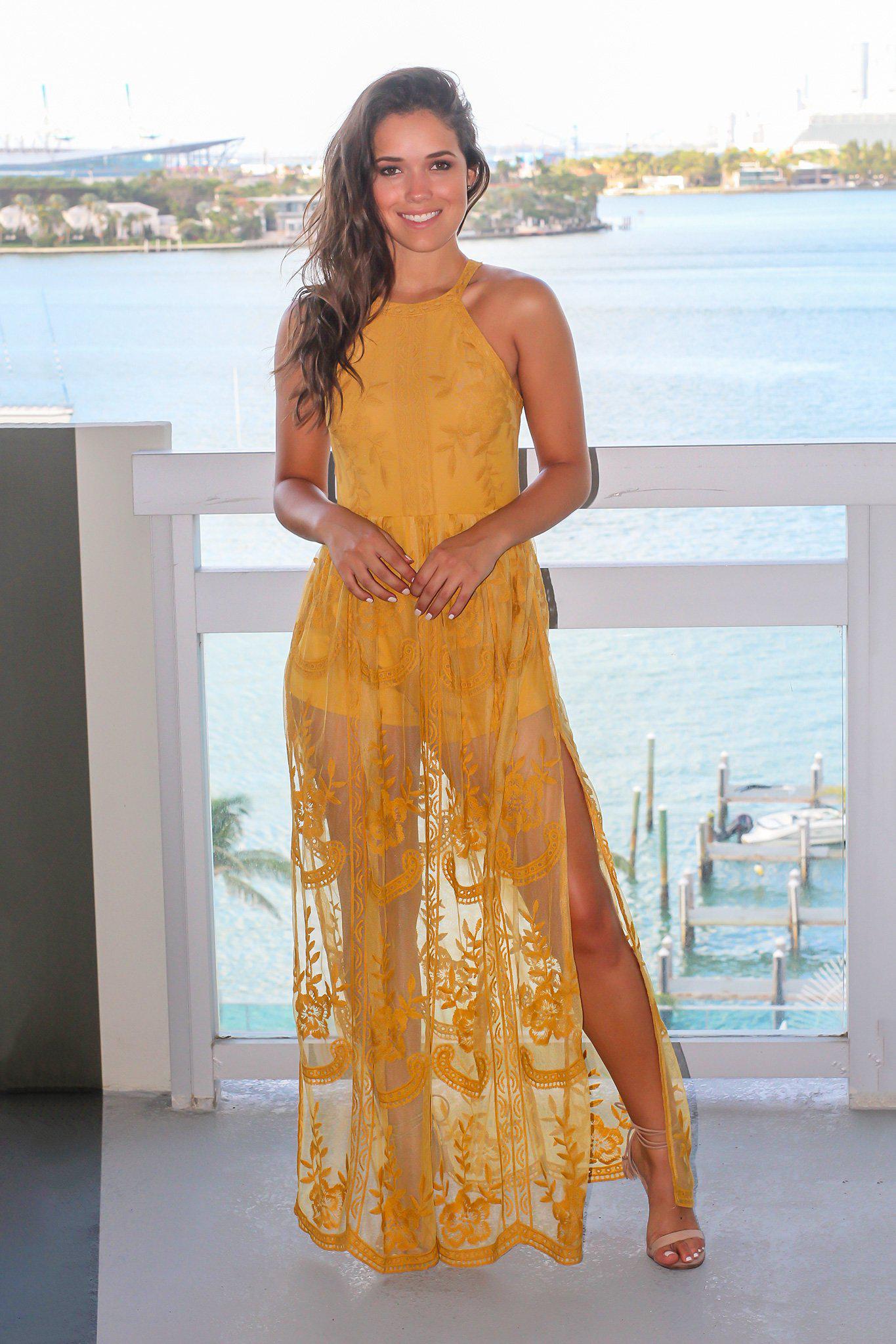 Mustard Halter Neck Lace Maxi Romper | Rompers Saved by the Dress Mustard Halter Neck Lace Maxi Romper | Rompers Saved by the Dress