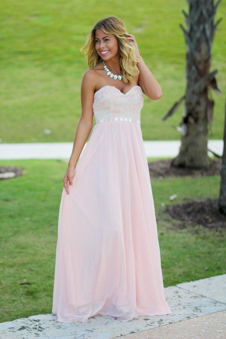 Pink and Beige Lace Top Maxi Dress | Pink Maxi Dress