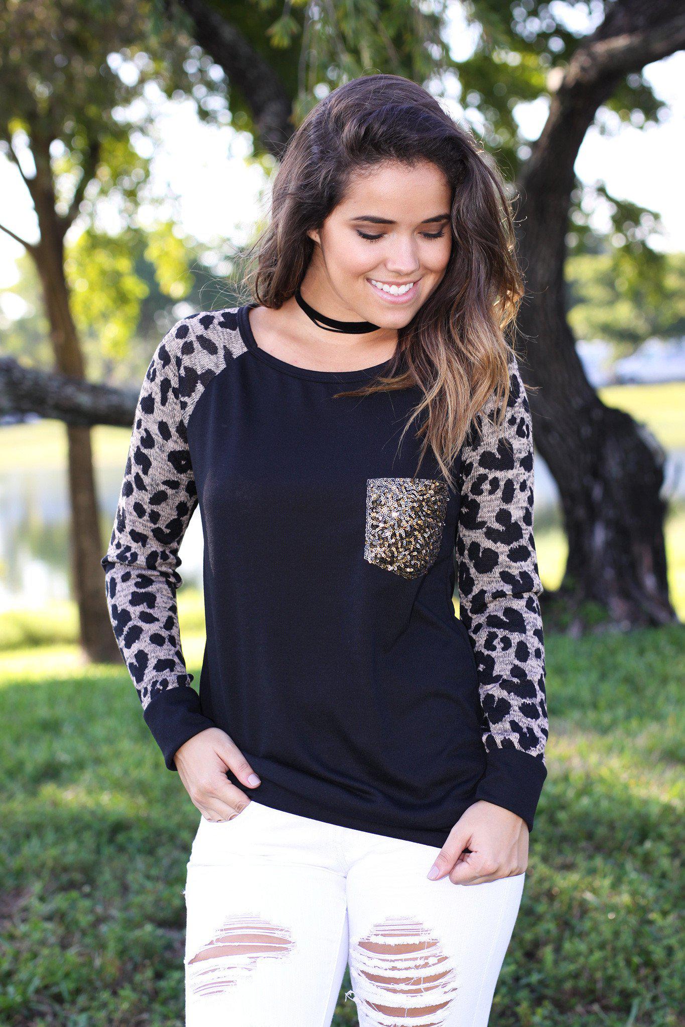 Brown Leopard Sweater with Sequined Pocket 