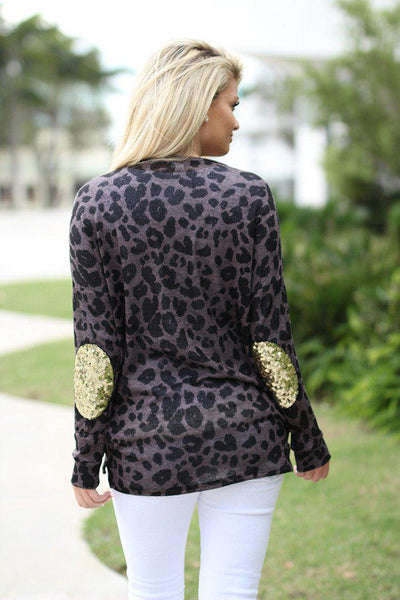 Leopard Sweater with Sequin Elbow Patches