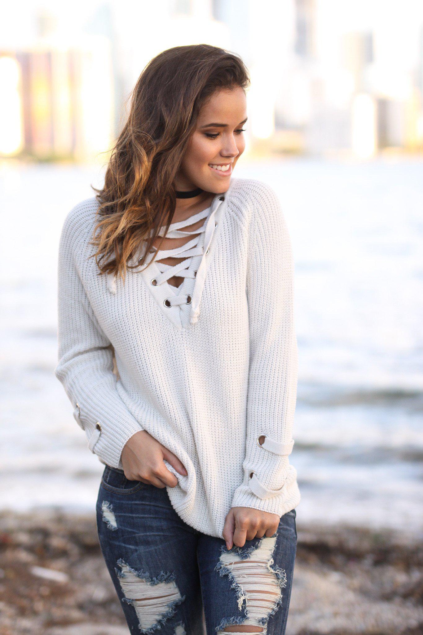 Light Beige Lace Up Sweater