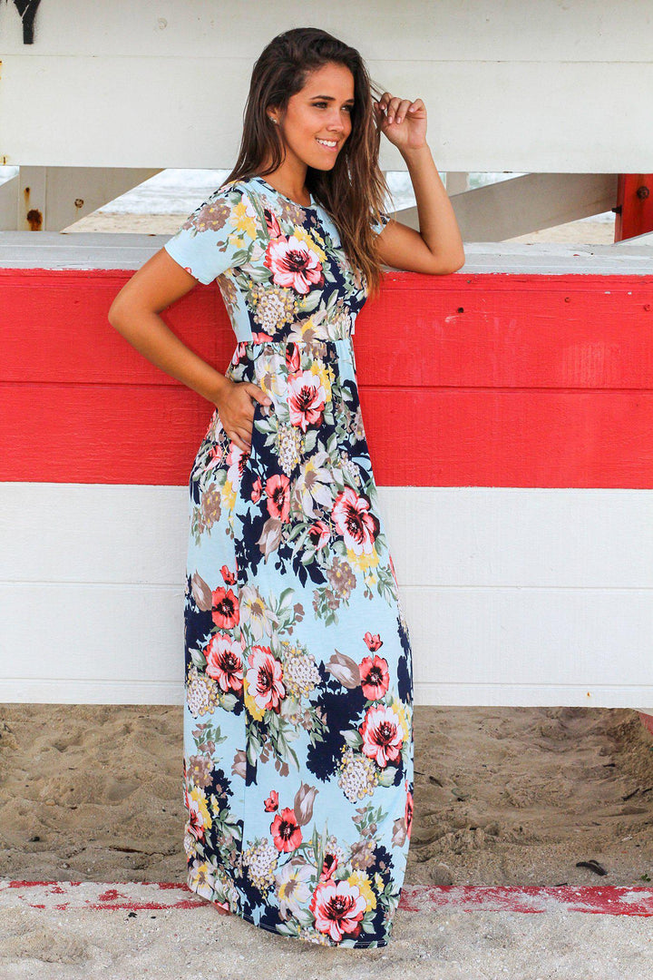 knee length dresses for ladies Light Blue Floral Maxi Dress