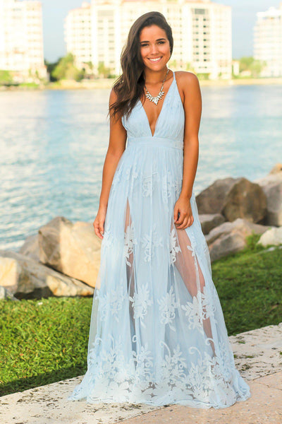 Light Blue Floral Tulle Maxi Dress with Criss Cross Back