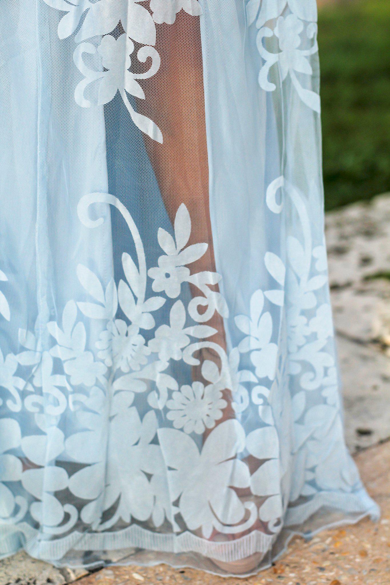 Light Blue Floral Tulle Maxi Dress with Criss Cross Back