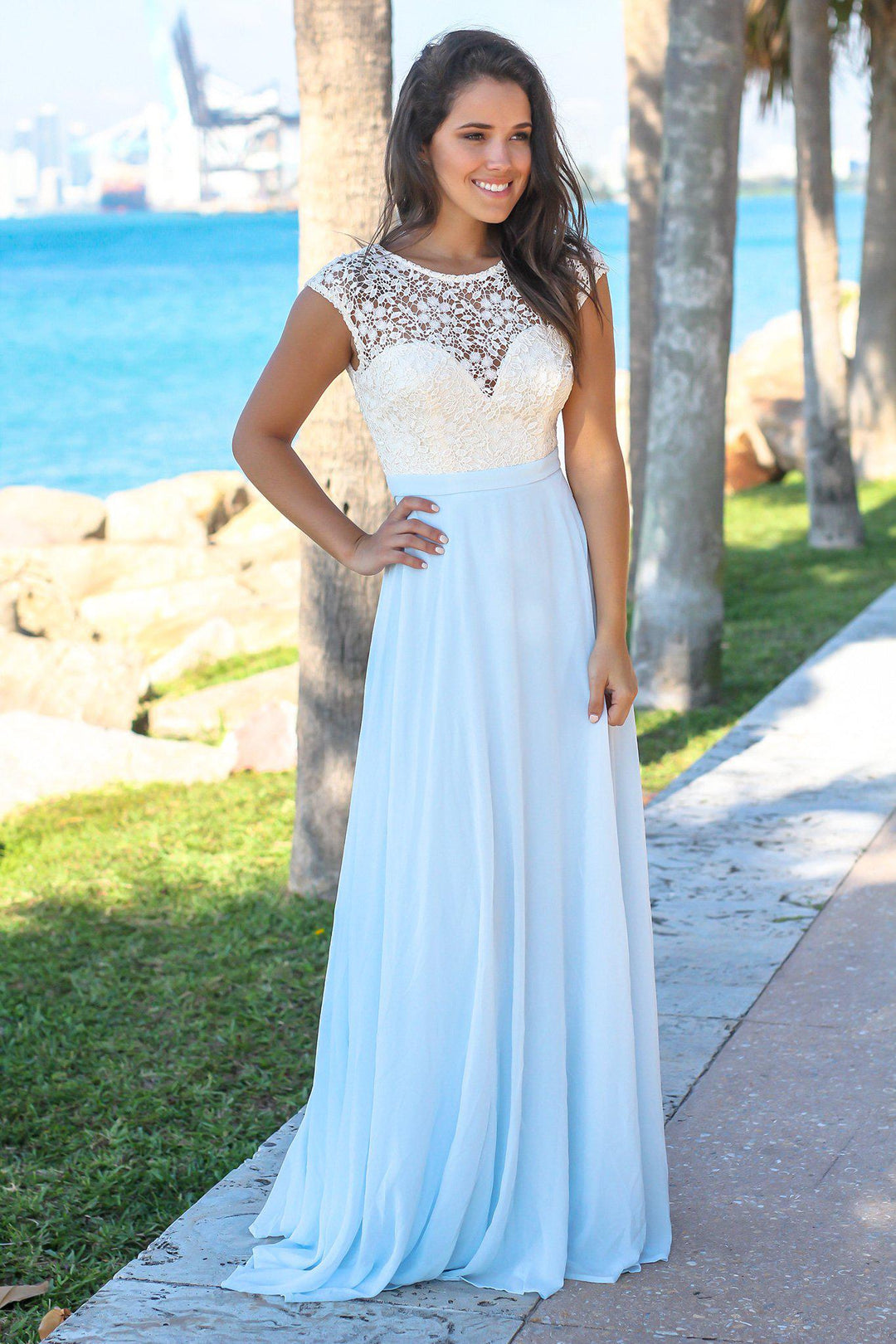 fitted lace wedding dress Mesh Maxi Dress Baby Blue – Jannie Boutique LLC