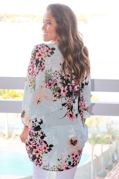 Light Blue and Pink Floral Kimono