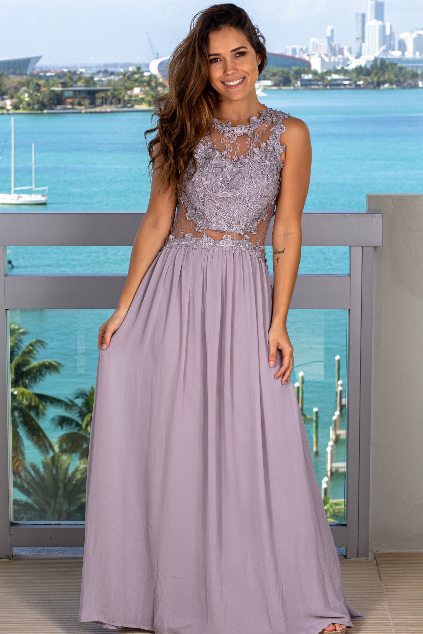 Light Gray Lace Top Maxi Dress with Tulle Back