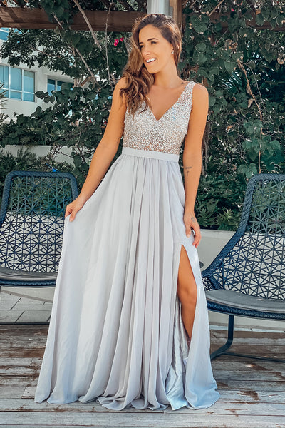 Light Gray Maxi Dress with Silver Jewels