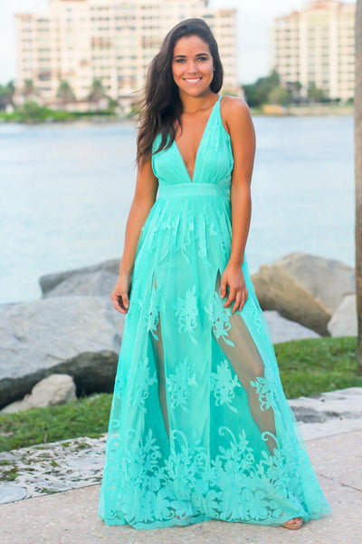 Light Green Floral Tulle Maxi Dress with Criss Cross Back