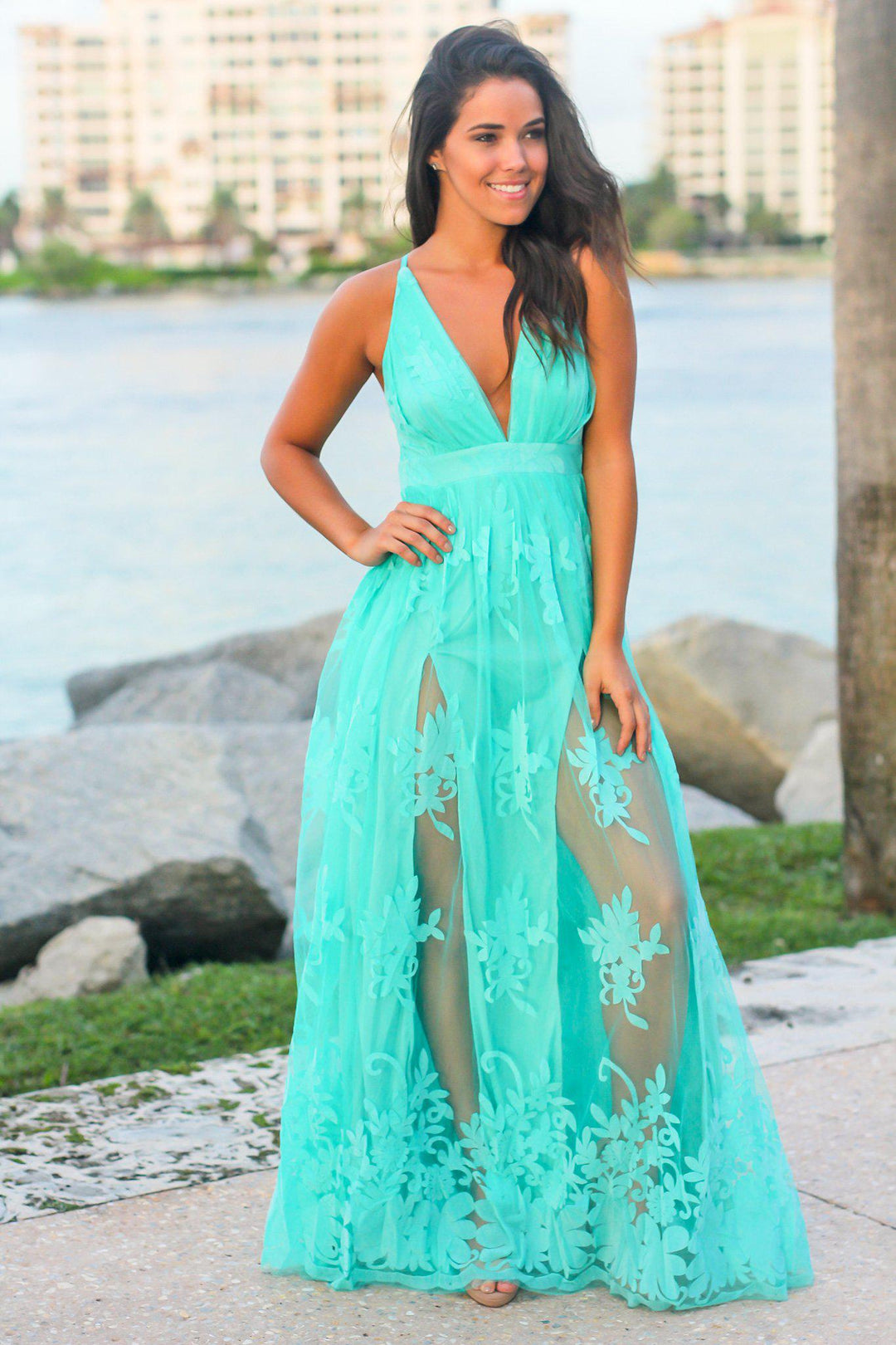 Light Green Floral Tulle Maxi Dress with Criss Cross Back Maxi Dresses Saved by the Dress