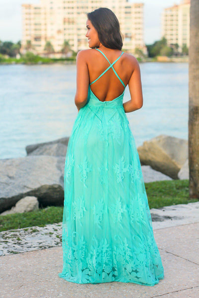 Light Green Floral Tulle Maxi Dress with Criss Cross Back