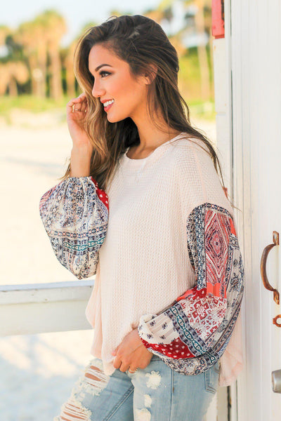 Light Pink Knit Top with Printed Sleeves