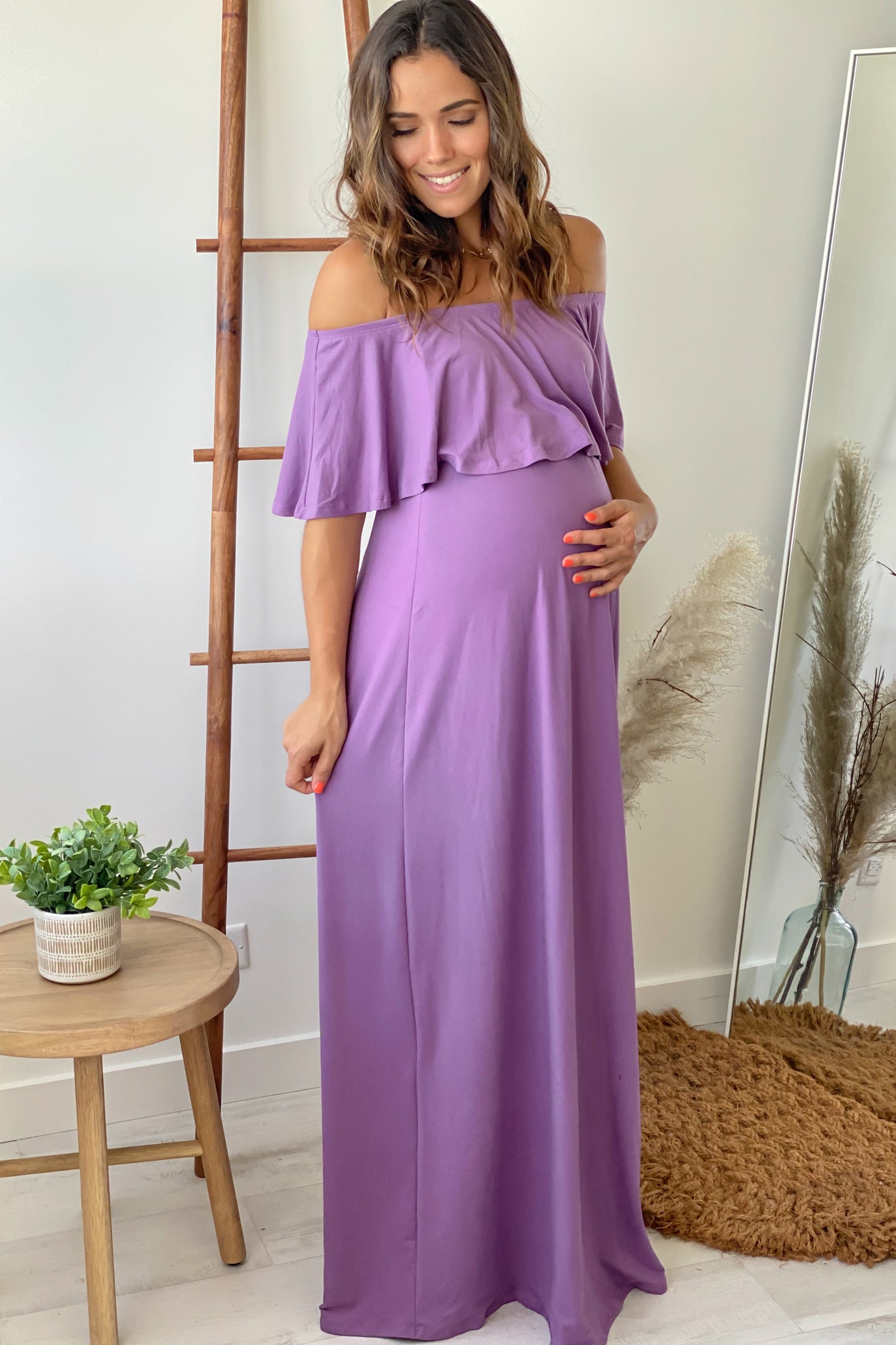 Lilac Off Shoulder Maternity Maxi Dress with Ruffled Top