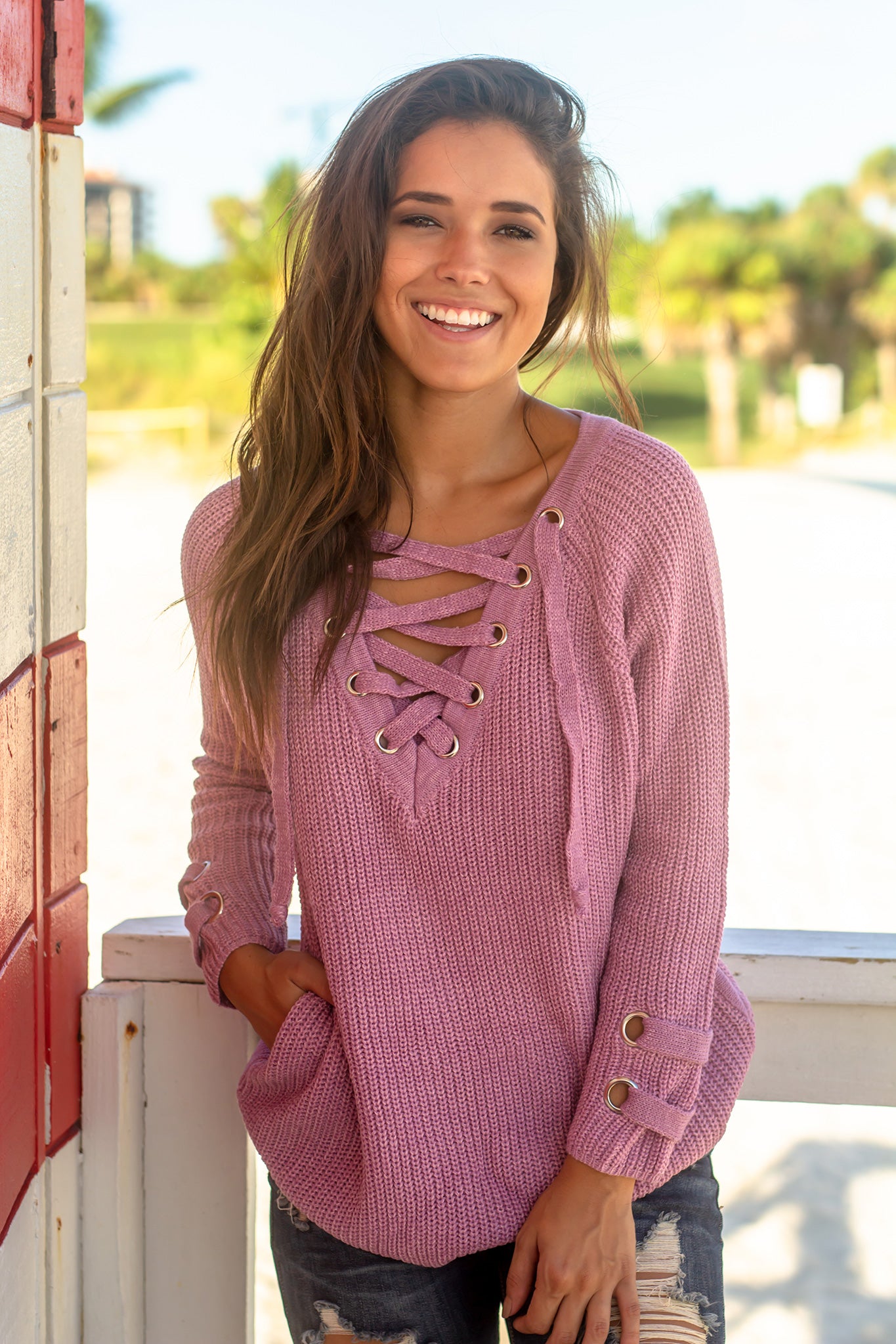 Pink lace up clearance sweater