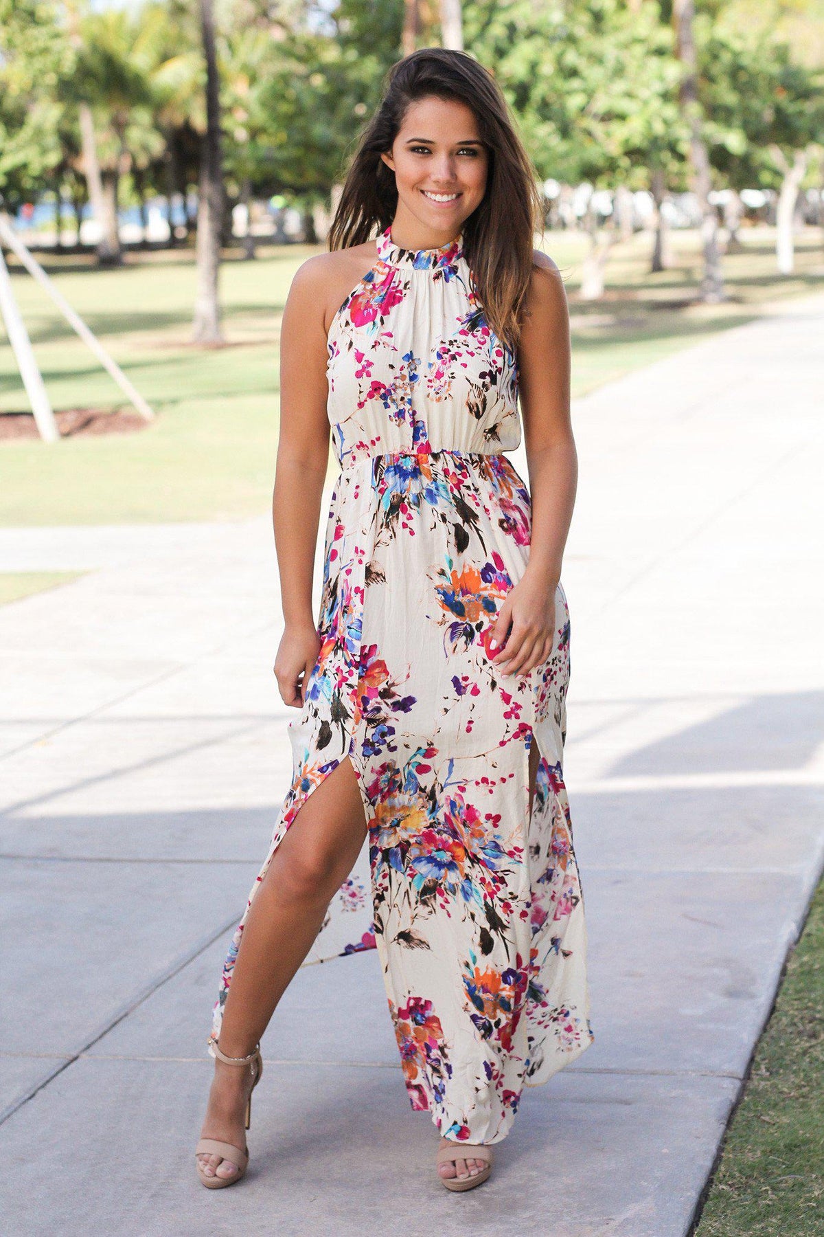 Ivory Floral Halter Neck Maxi Dress | Online Boutiques – Saved by the Dress