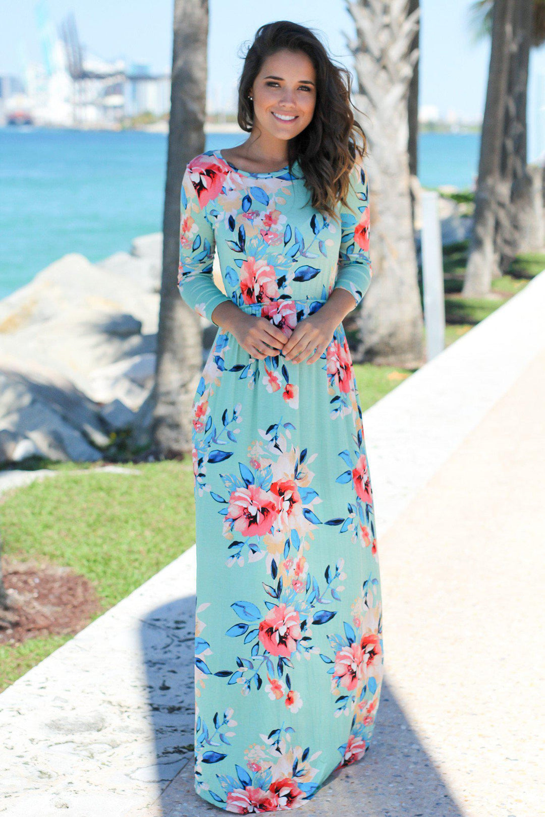 Mint Floral Maxi Dress with 3/4 Sleeves