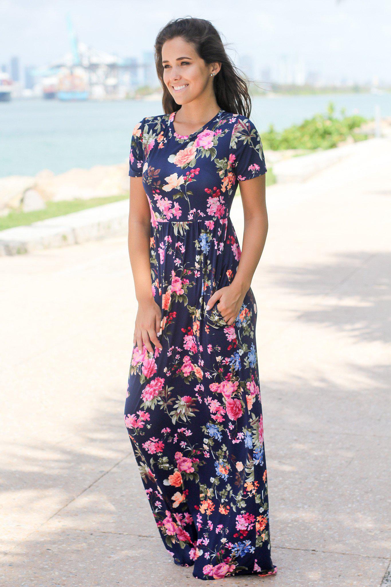 Navy Multi Color Floral Maxi Dress with Short Sleeves | Maxi Dresses Saved by the Dress Navy Multi Color Floral Maxi Dress with Short Sleeves | Maxi Dresses Saved by the Dress