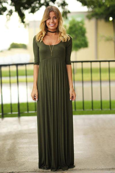 Olive Maxi Dress with Mid-Sleeves