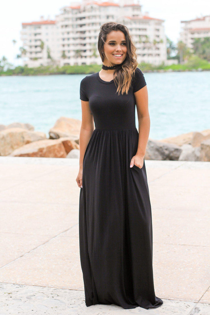 Black Short Sleeve Maxi Dress with Pockets