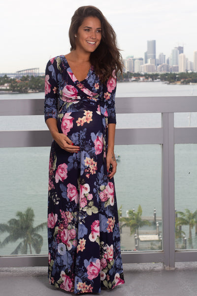 Navy and Pink Floral Wrap Dress with 3/4 Sleeves
