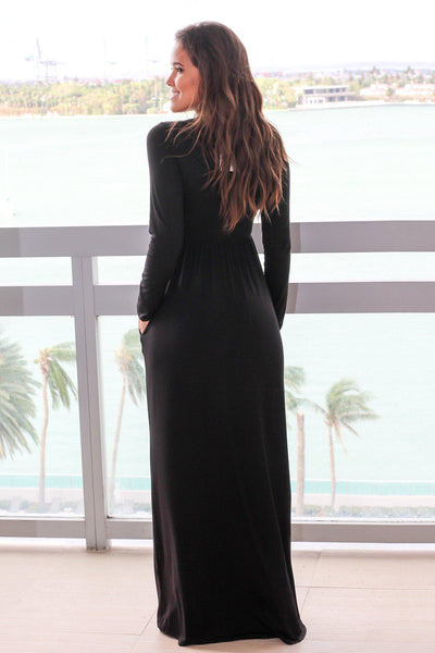Long Sleeve Black Maxi Dress with Pockets