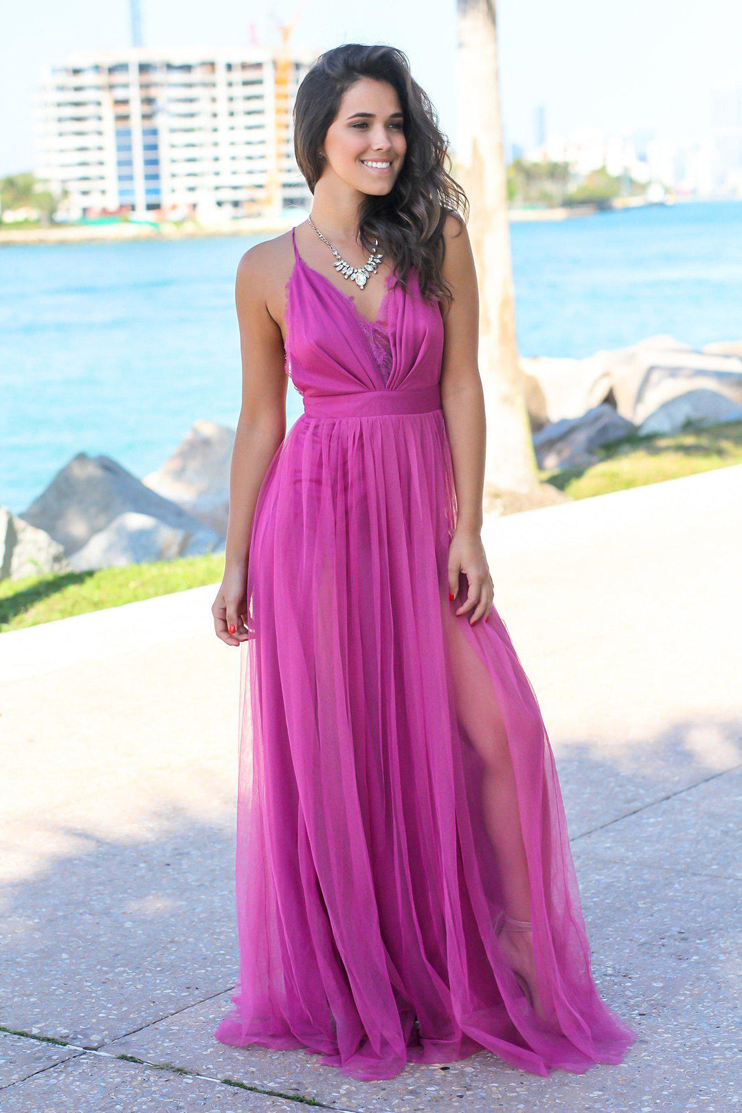 Magenta Tulle Maxi Dress with Lace Detail | Maxi Dresses  Saved by the  Dress
