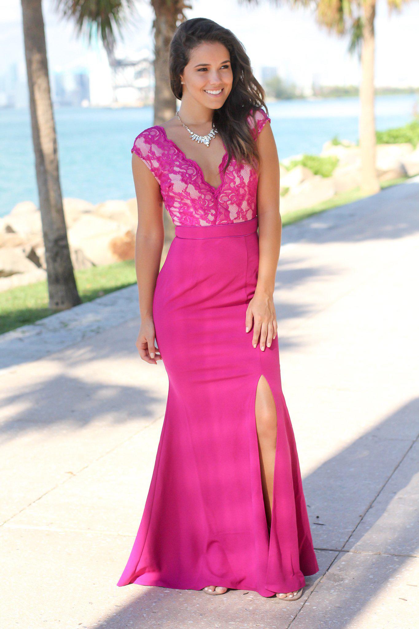 Magenta Lace Top Maxi Dress with Side Slit