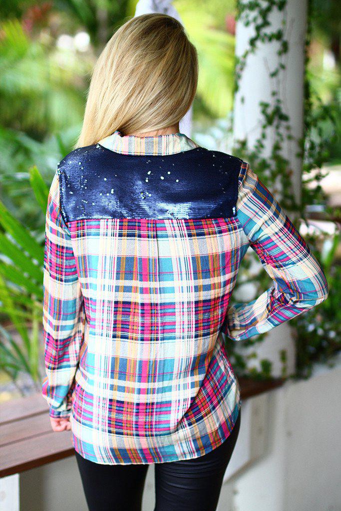 Magenta Plaid Top With Sequin Back
