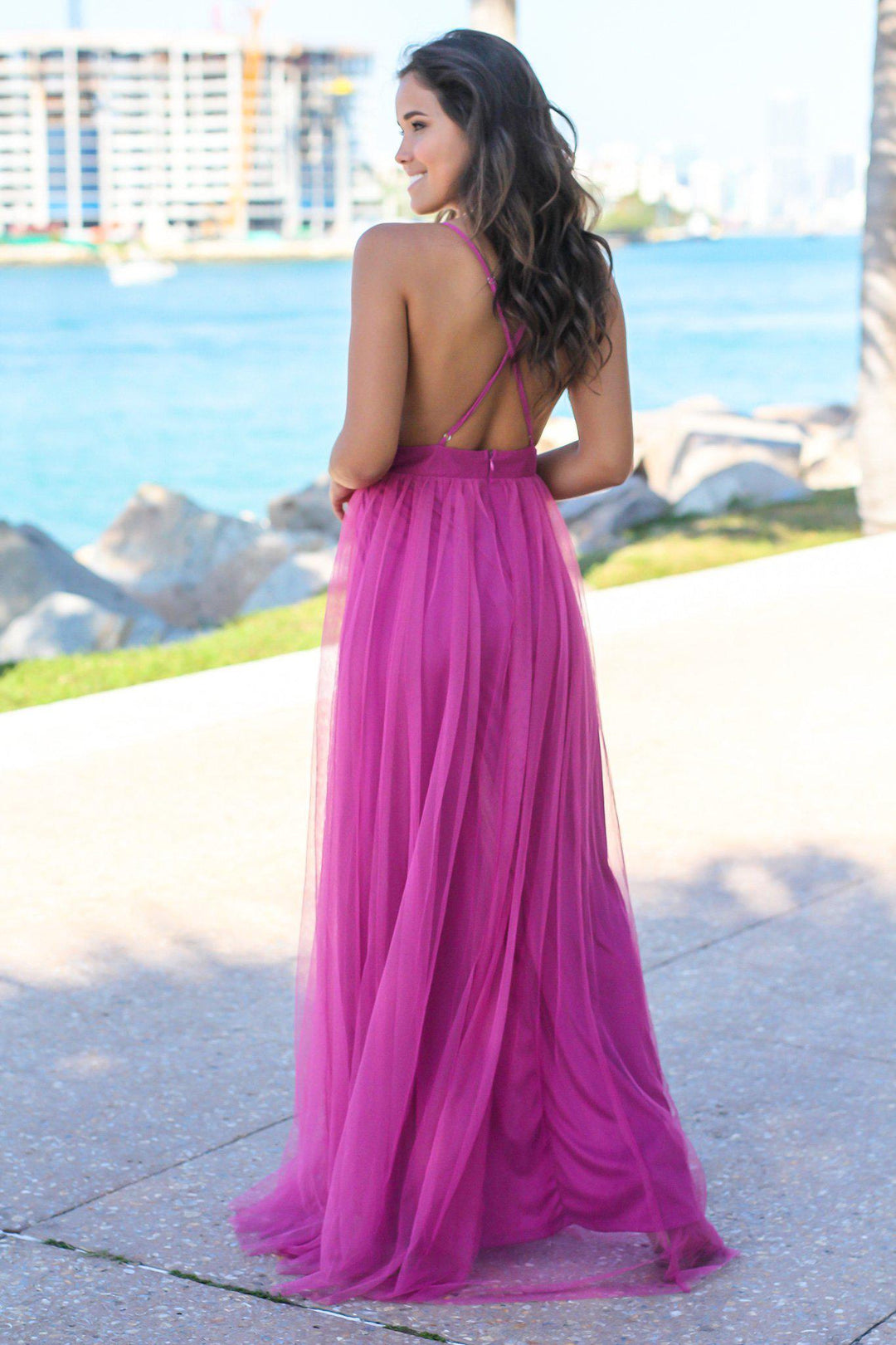 magenta dress maxi Magenta Tulle Maxi Dress with Lace Detail