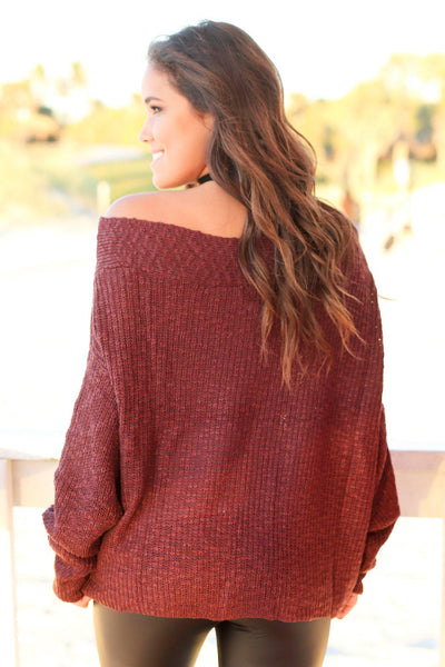 Maroon Knit Top with Draped Neckline