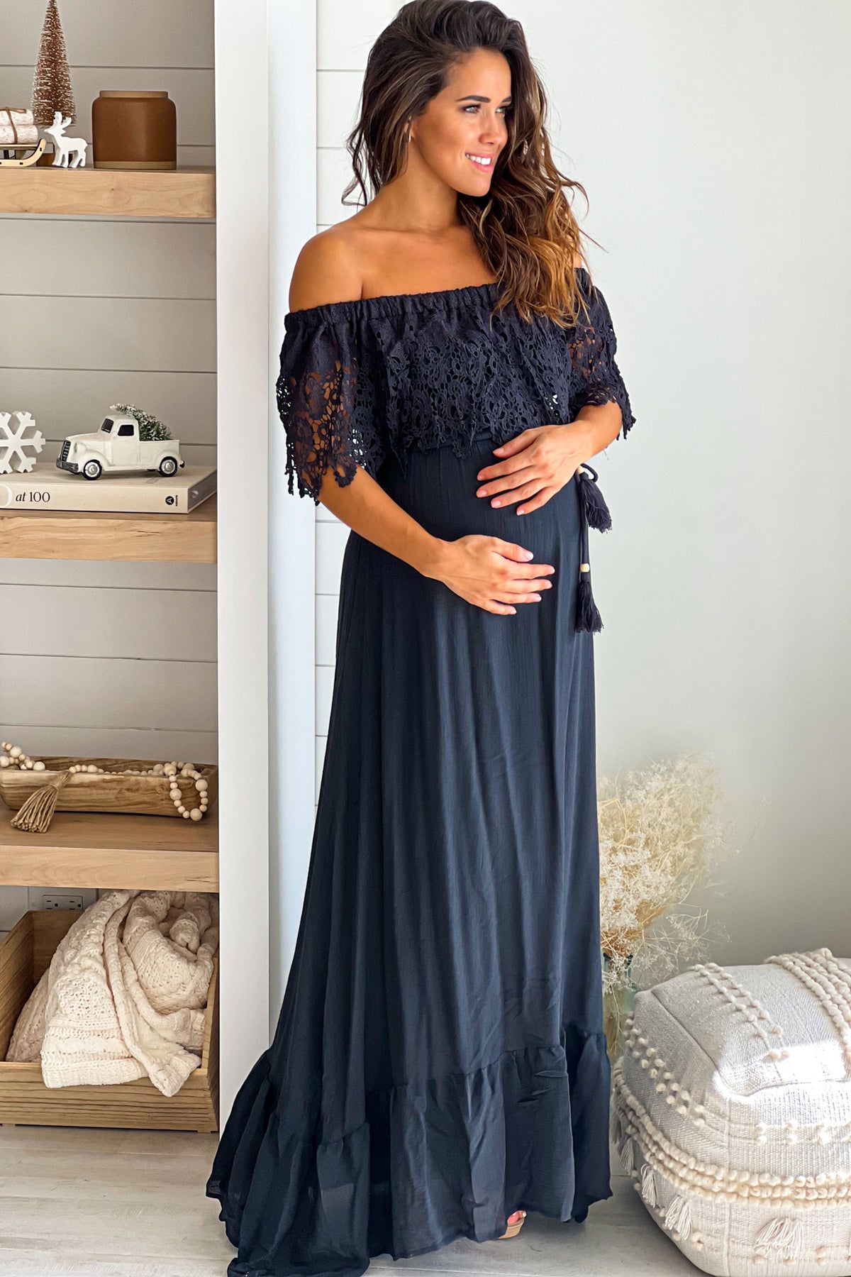 Black Maternity Maxi Dress with Lace Off Shoulder