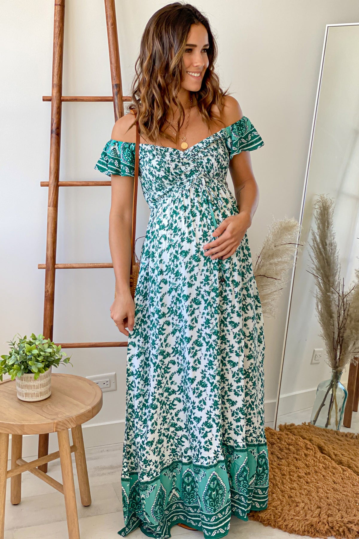 Green Floral Off Shoulder Maternity Maxi Dress | Saved By The Dress ...