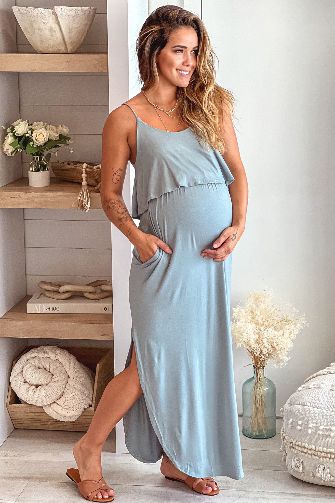 Sage Maternity Maxi Dress with Side Slits