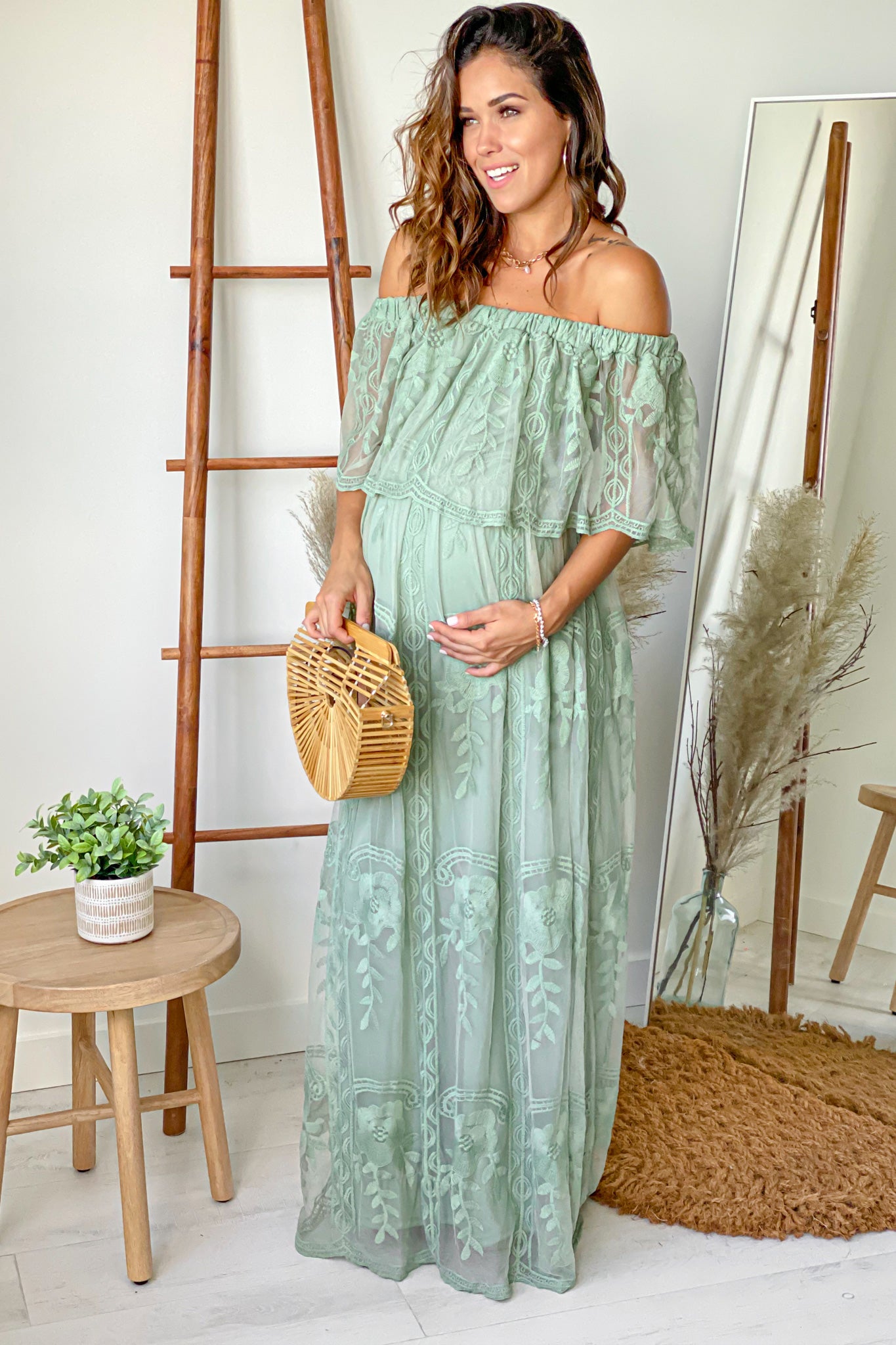 Sage Lace Off Shoulder Maternity Maxi Dress | Saved By The Dress Saved by the Dress Sage Lace Off Shoulder Maternity Maxi Dress | Saved By The Dress Saved by the Dress