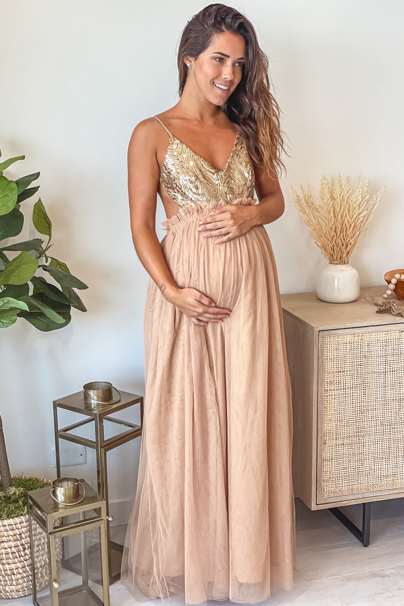 Champagne Glitter Top Maternity Tulle Maxi Dress | Saved By The Dress Saved by the Dress Champagne Glitter Top Maternity Tulle Maxi Dress | Saved By The Dress Saved by the Dress