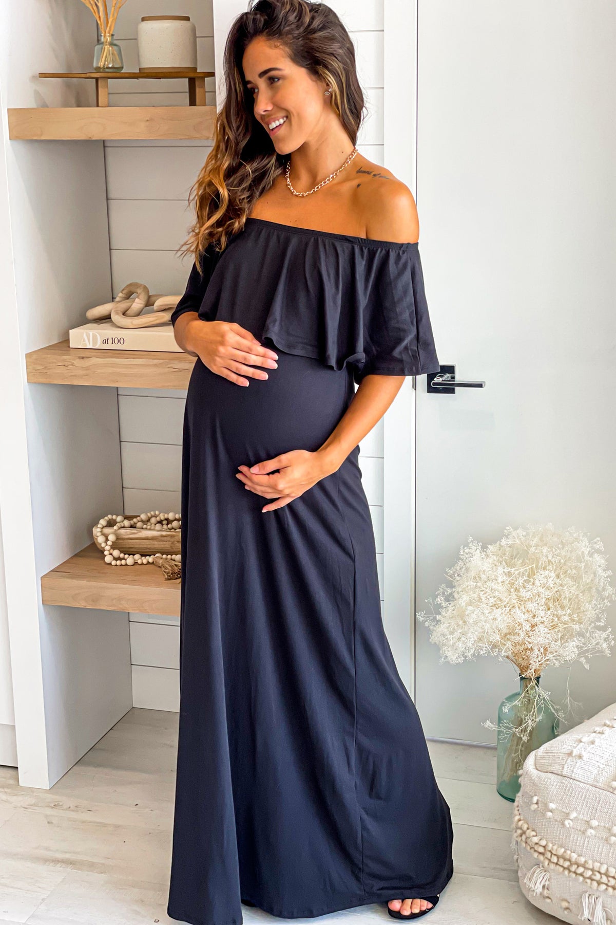 Black Off Shoulder Maternity Maxi Dress with Ruffled Top