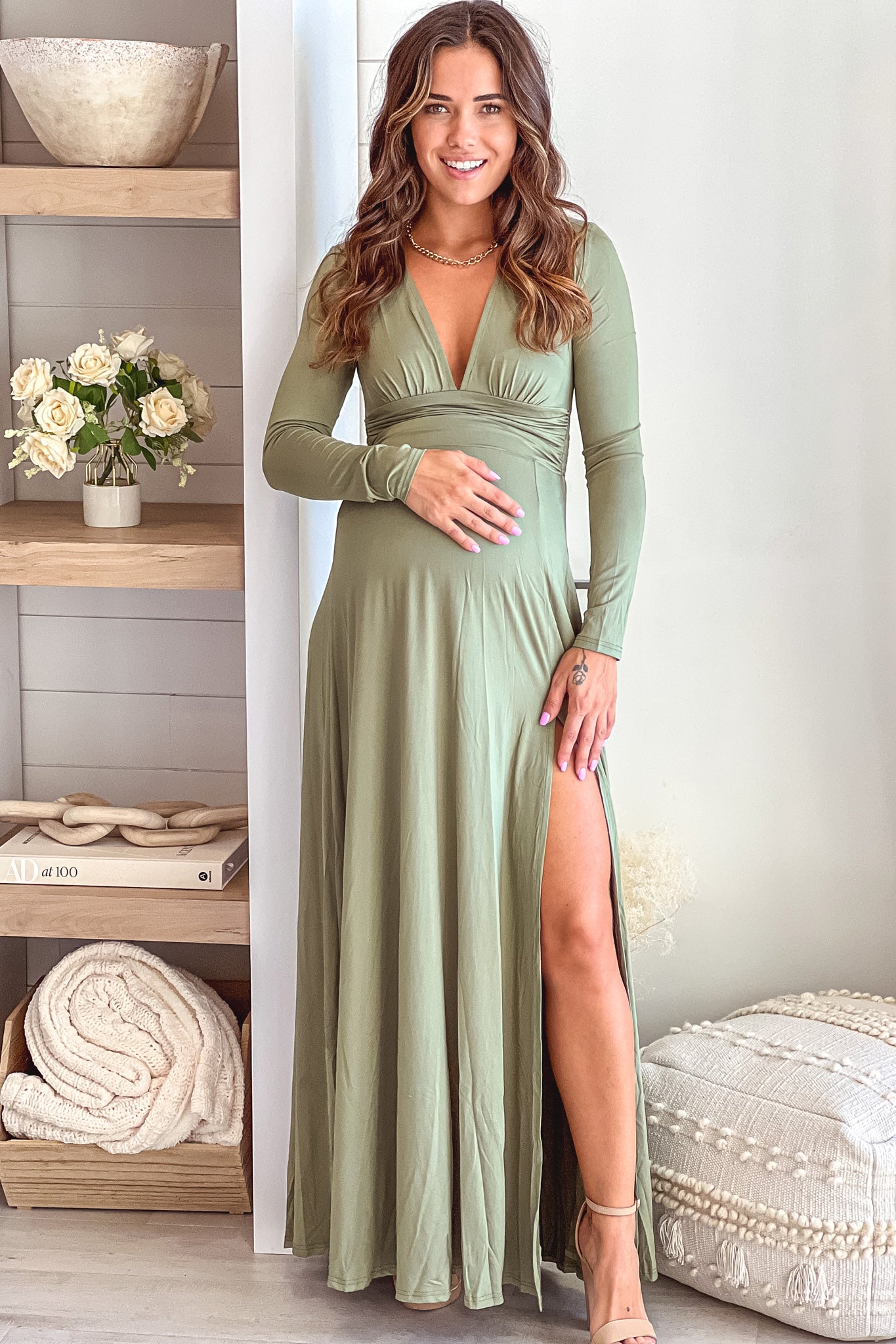 Olive Maternity Maxi Dress with Long Sleeves