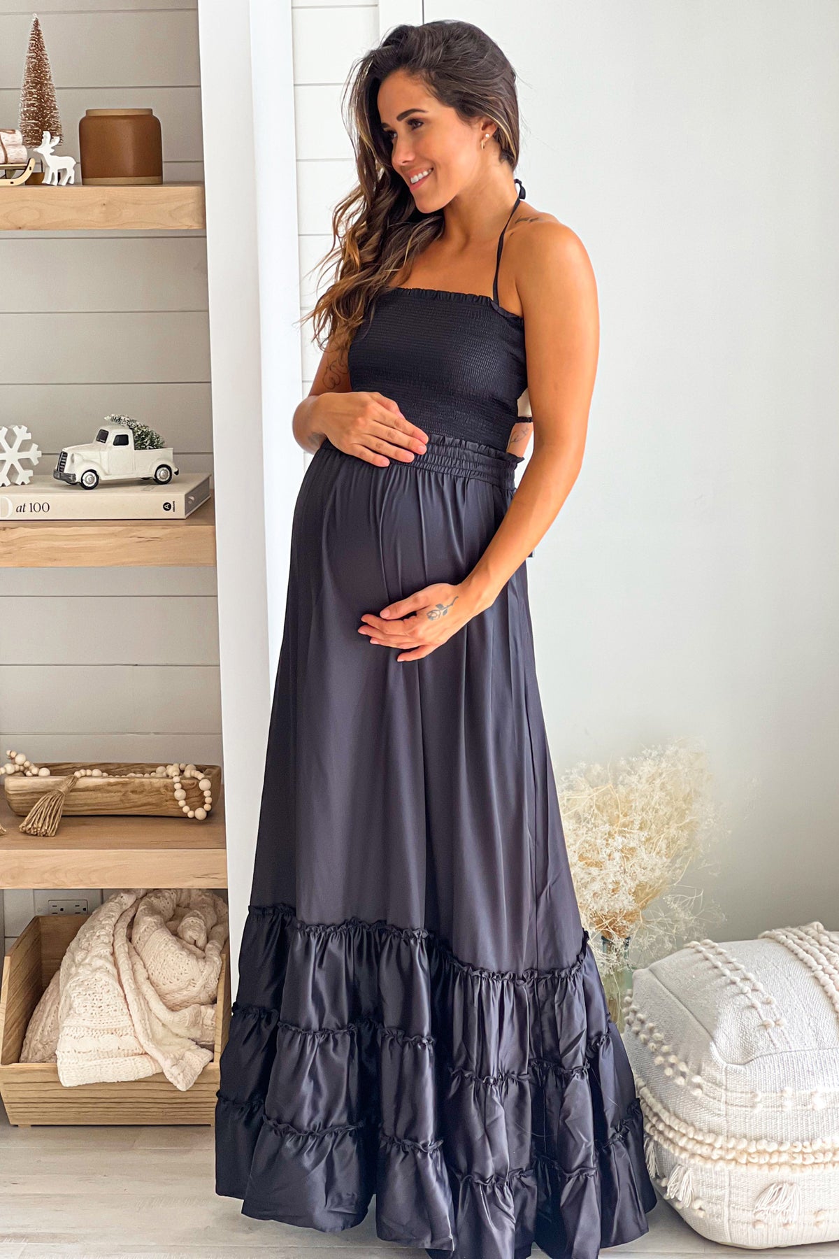 Black Satin Maternity Maxi Dress with Strappy Back