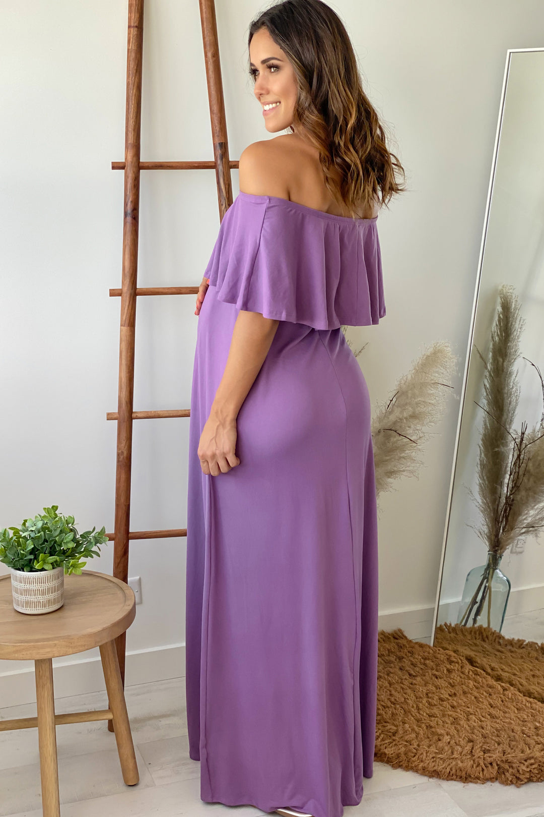 lilac maternity maxi dress Violet Maternity Maxi Dress with Slit and Short Sleeves
