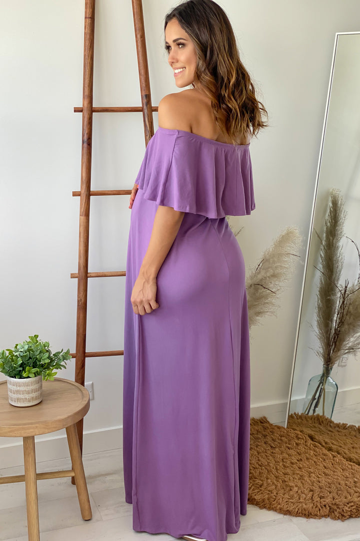 off-the-shoulder maxi dress - purple multi reviews Off Shoulder Satin Splicing Maxi Dress Violet Aurora