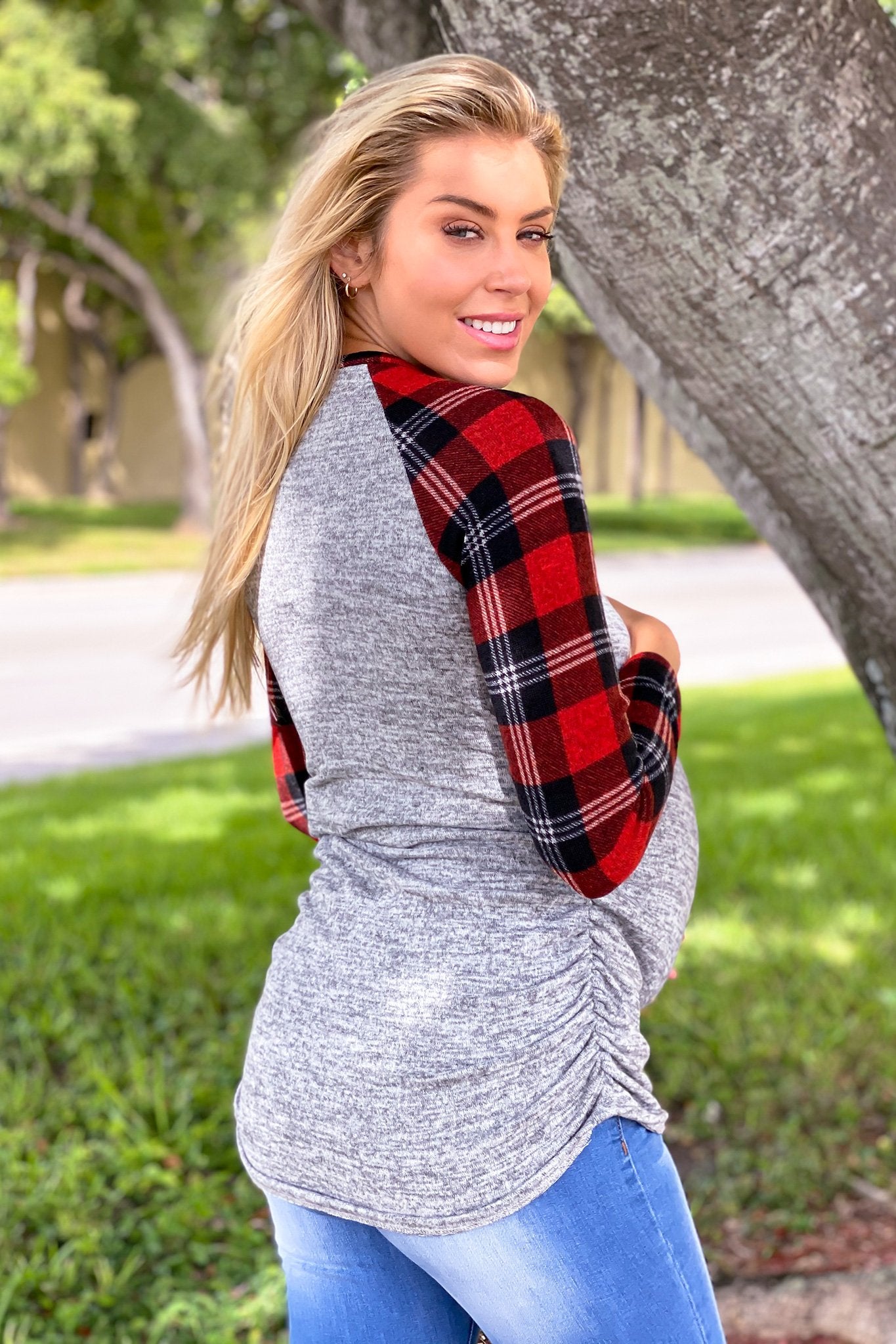 Gray Top with Plaid Sleeves