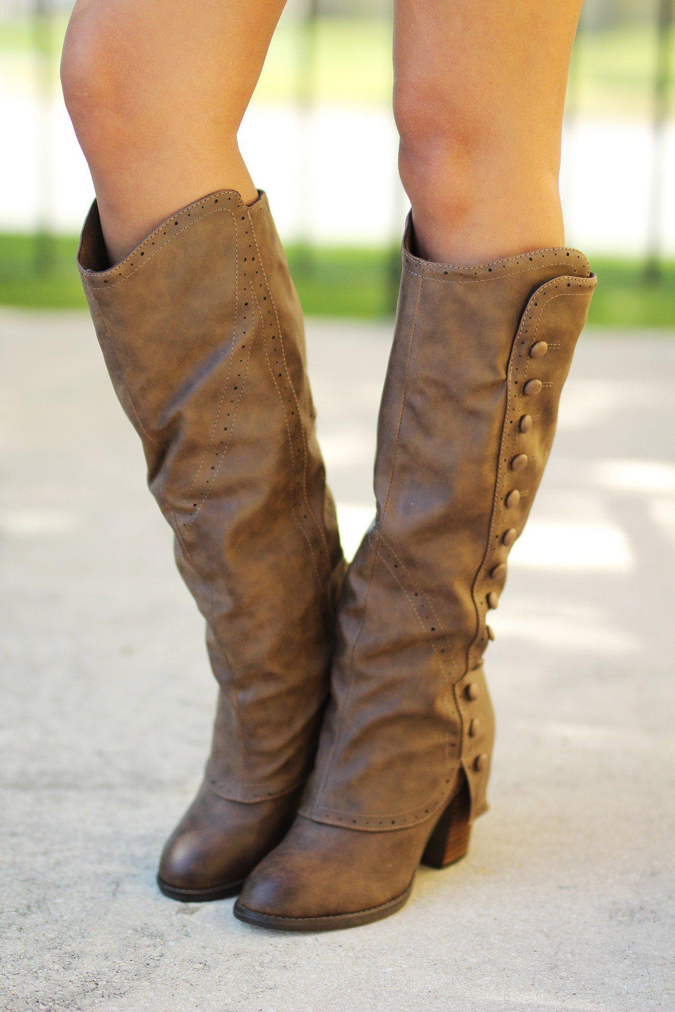 taupe button detail tall boots